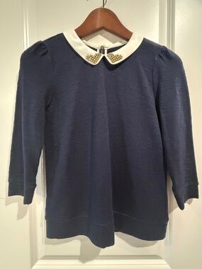 LOFT Navy 100% Cotton Top w/ Jeweled Peter Pan Collar-XSP